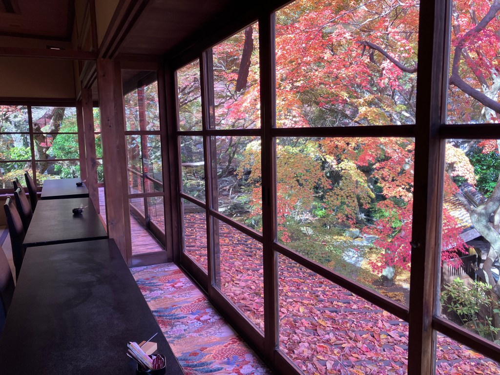 清流庵の中のカフェ。2階の窓から見える景色が美しい。